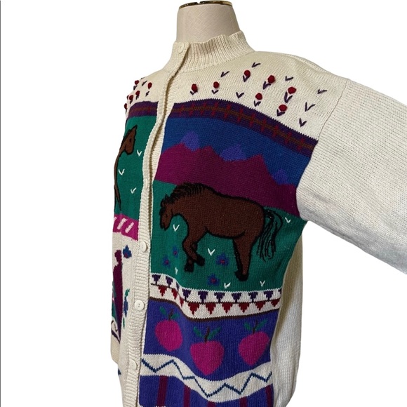 80s Vintage Cottagecore Apple Orchard Horse Cardigan - Picture 3 of 14